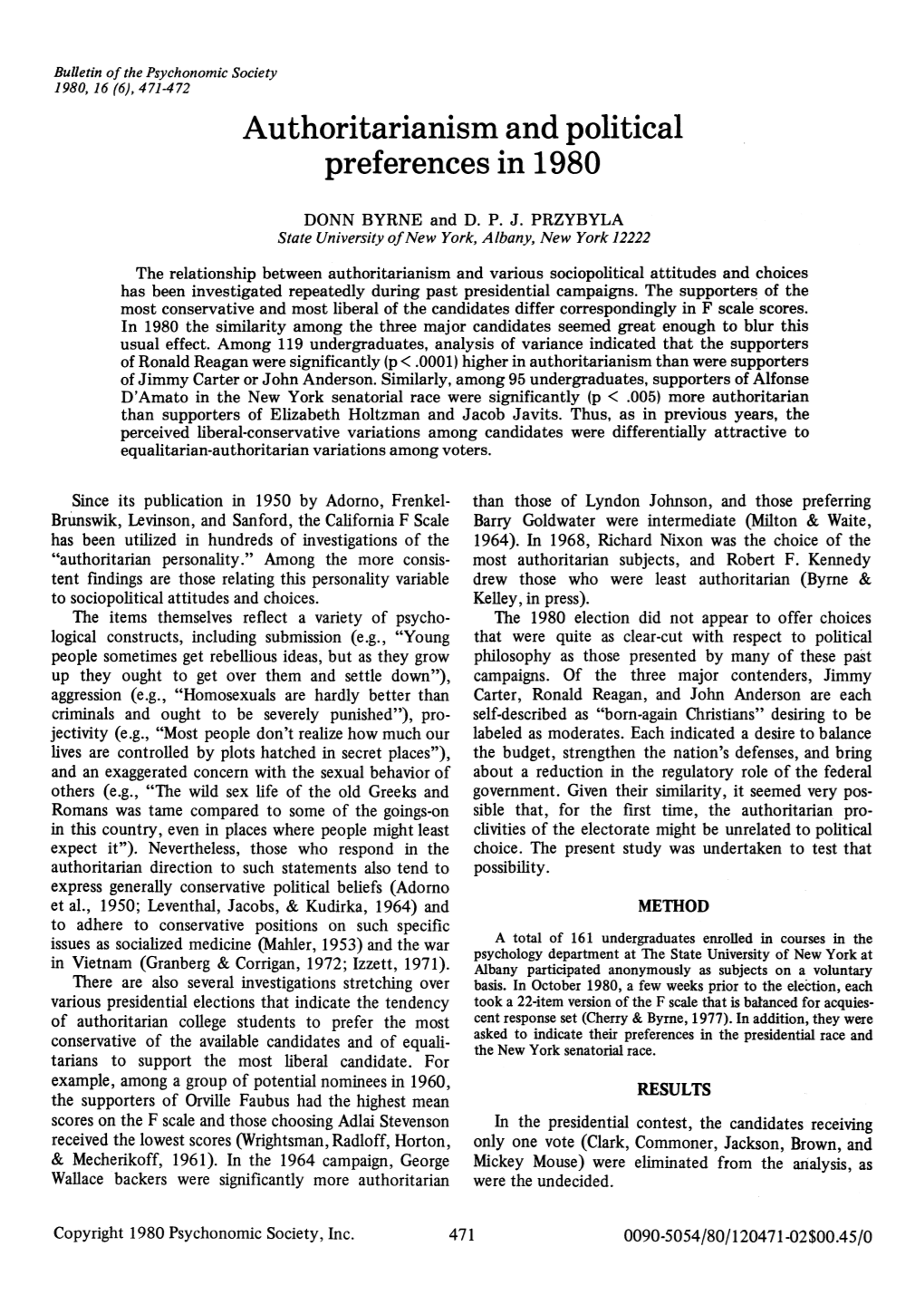 Authoritarianism and Political Preferences in 1980