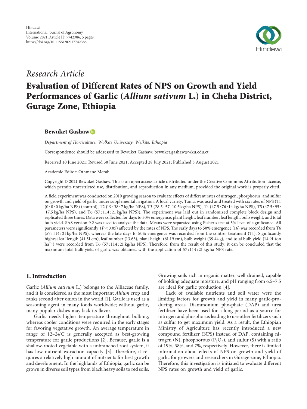 Evaluation of Different Rates of NPS on Growth and Yield Performances of Garlic (Allium Sativum L.) in Cheha District, Gurage Zone, Ethiopia