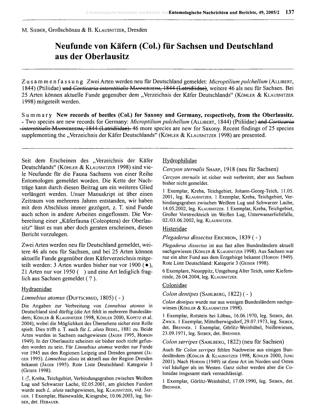 Neufunde Von Käfern (Col.) Für Sachsen Und Deutschland Aus Der Oberlausitz
