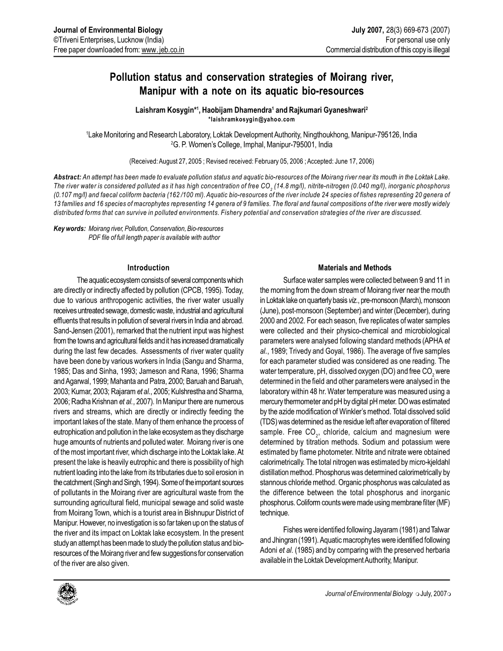 Pollution Status and Conservation Strategies of Moirang River, Manipur with a Note on Its Aquatic Bio-Resources