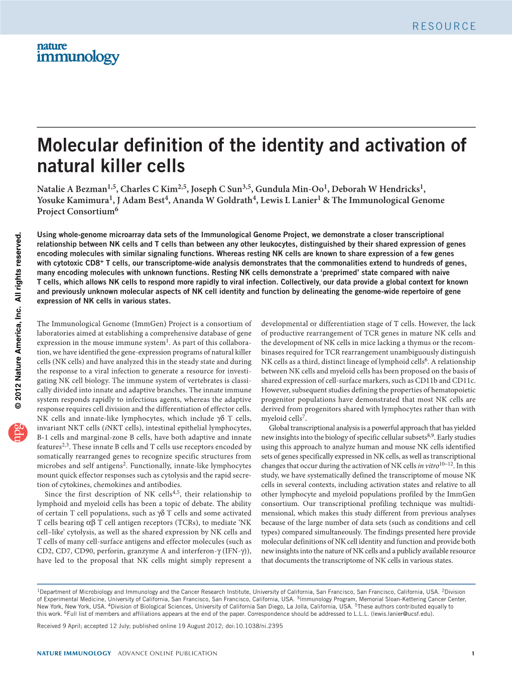 Molecular Definition of the Identity and Activation of Natural Killer Cells