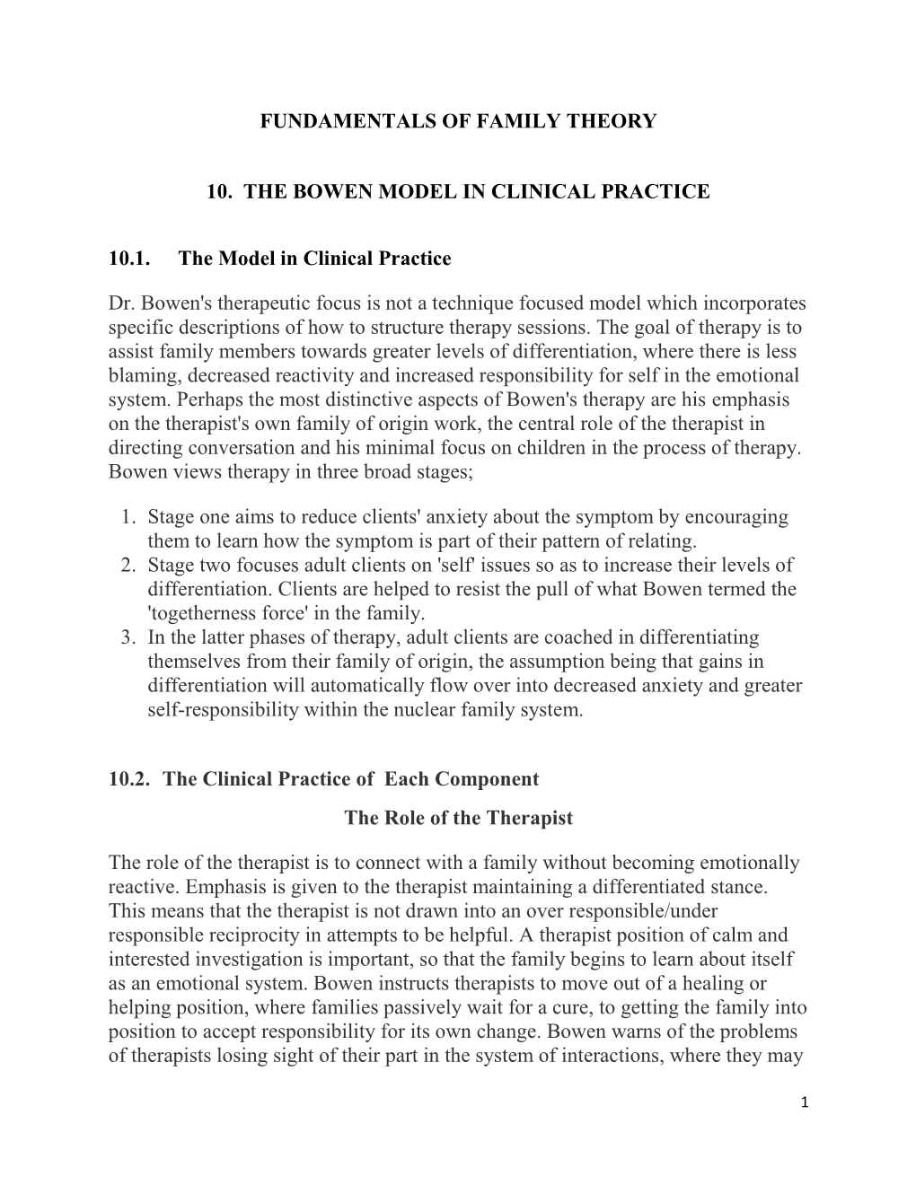 Fundamentals of Family Theory 10. the Bowen Model