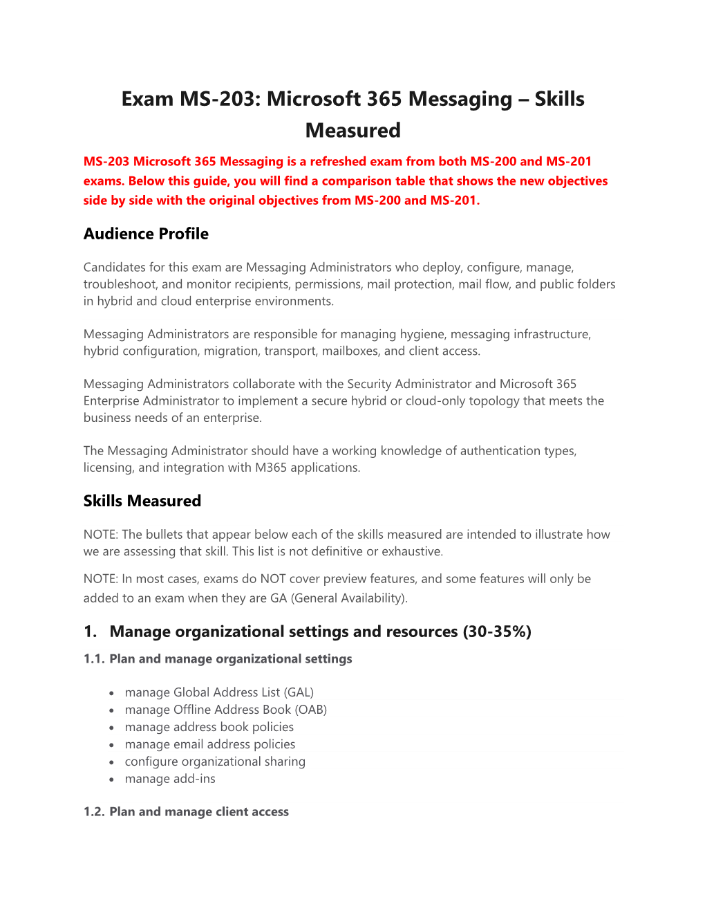 Exam MS-203: Microsoft 365 Messaging – Skills Measured