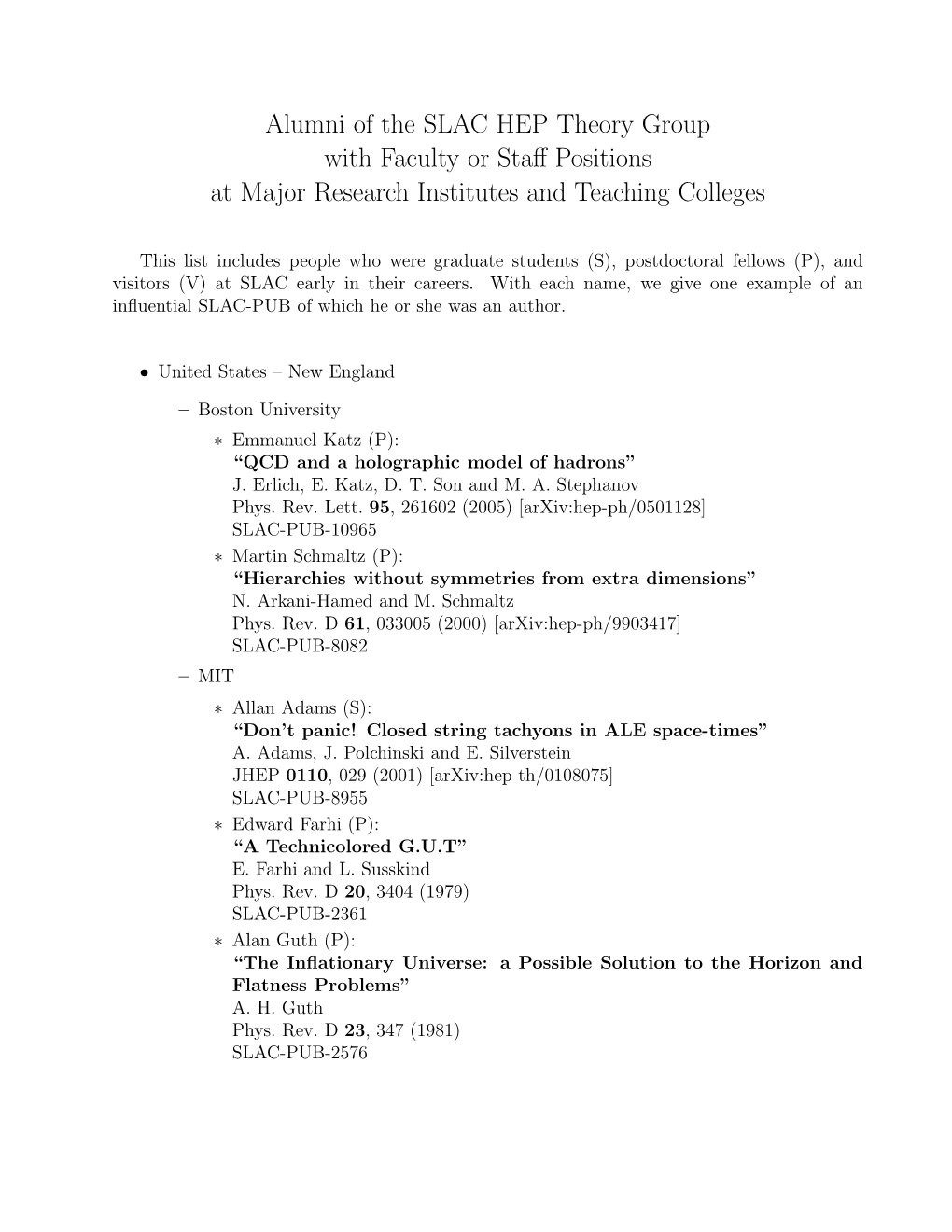 Alumni of the SLAC HEP Theory Group with Faculty Or Staff Positions