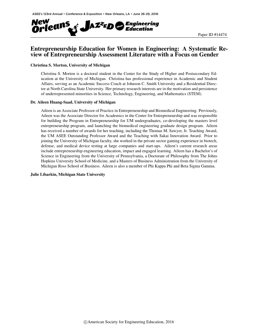 Entrepreneurship Education for Women in Engineering: a Systematic Re- View of Entrepreneurship Assessment Literature with a Focus on Gender