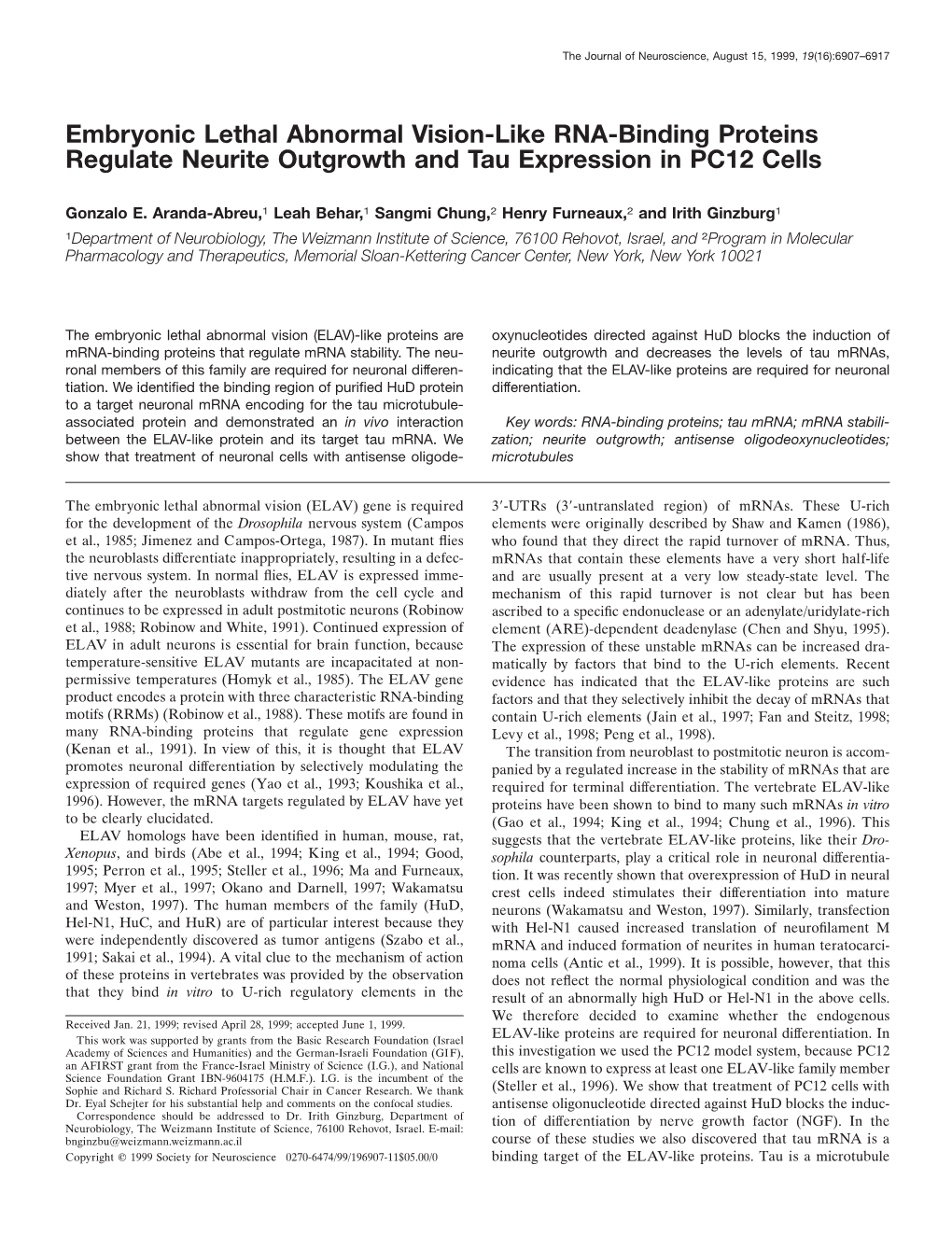 Embryonic Lethal Abnormal Vision-Like RNA-Binding Proteins Regulate Neurite Outgrowth and Tau Expression in PC12 Cells