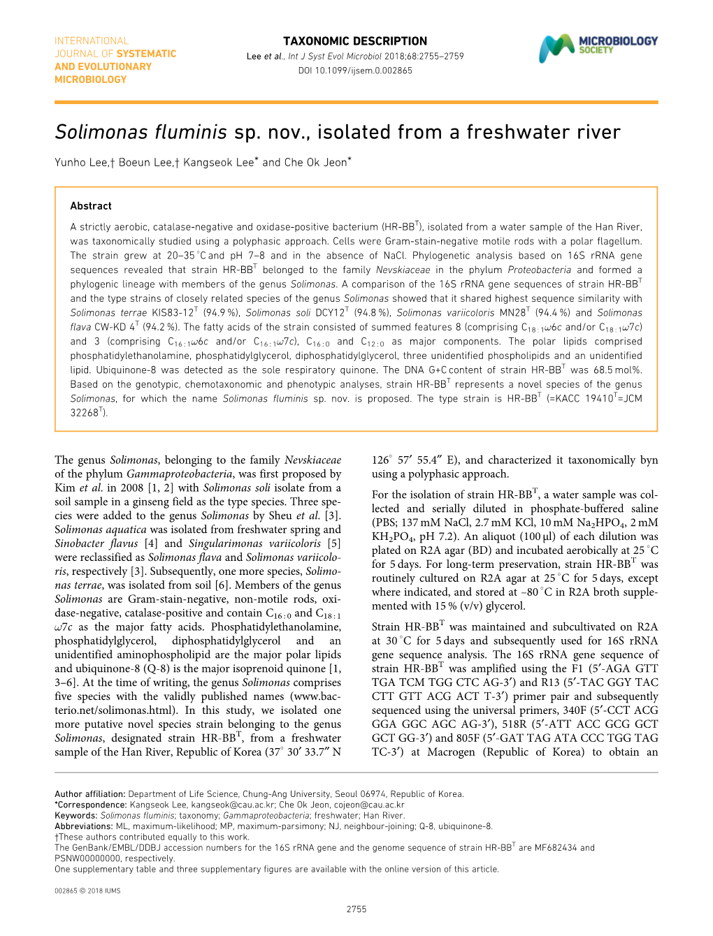 Solimonas Fluminis Sp. Nov., Isolated from a Freshwater River