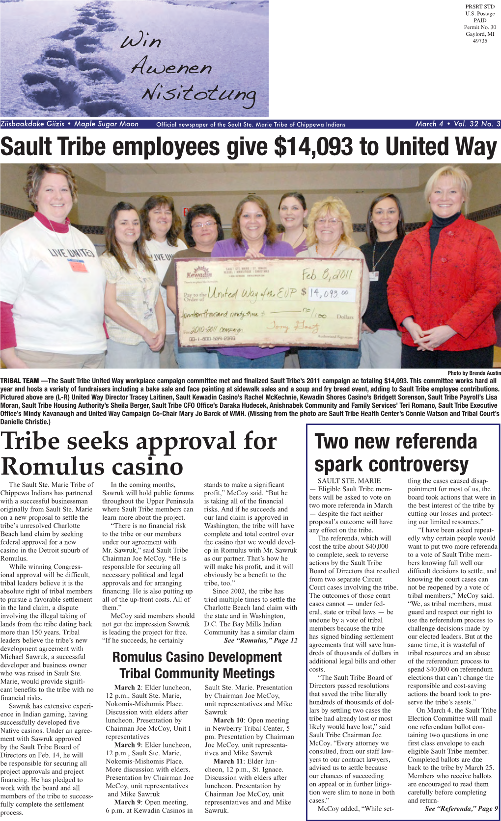 Sault Tribe Employees Give $14,093 to United Way Tribe Seeks Approval