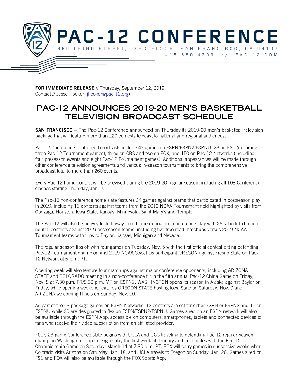Pac-12 Announces 2019-20 Men's Basketball Television