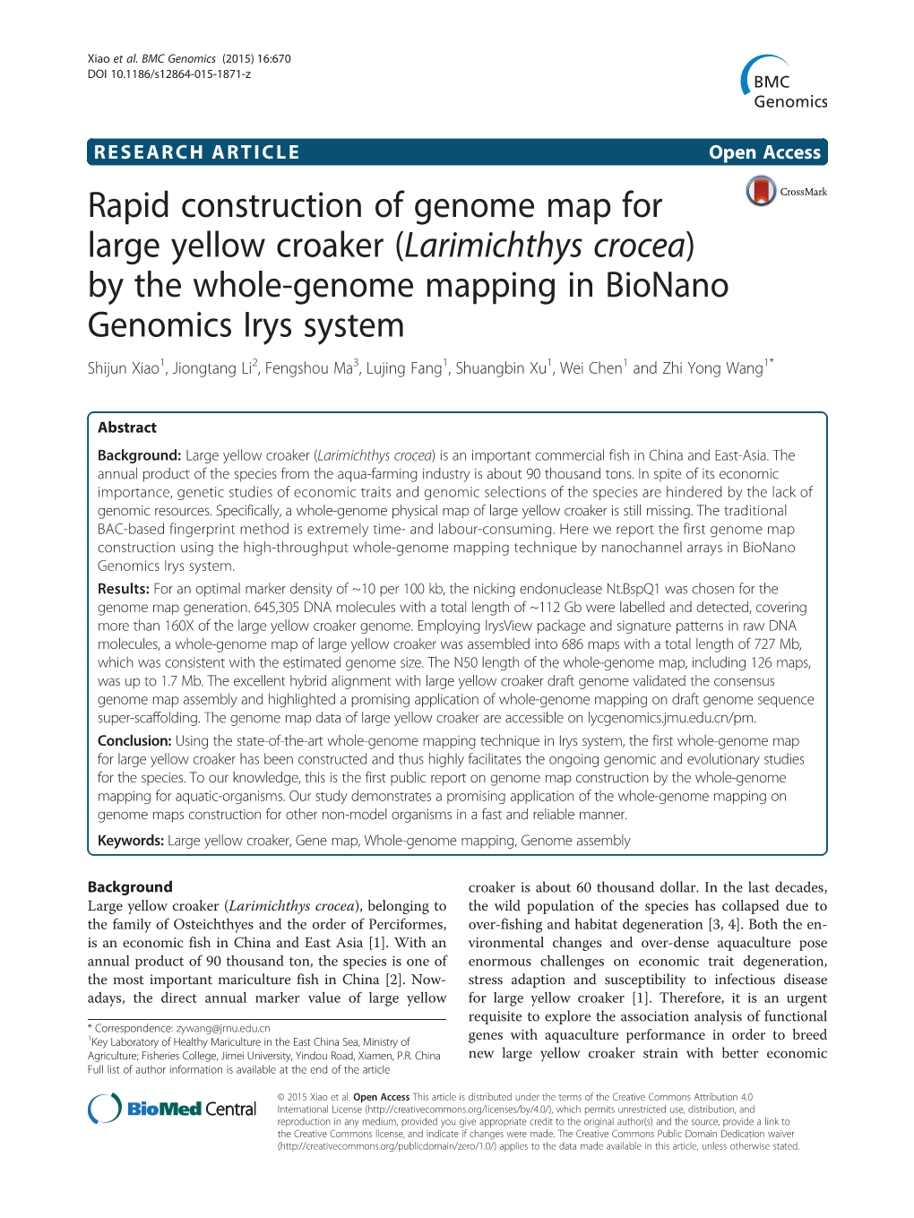 Rapid Construction of Genome Map for Large Yellow Croaker (Larimichthys Crocea) by the Whole-Genome Mapping in Bionano Genomics