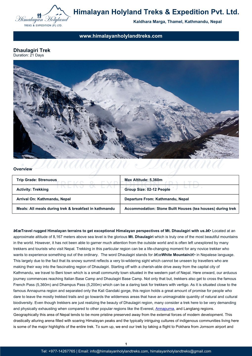 Dhaulagiri Trek Duration: 21 Days