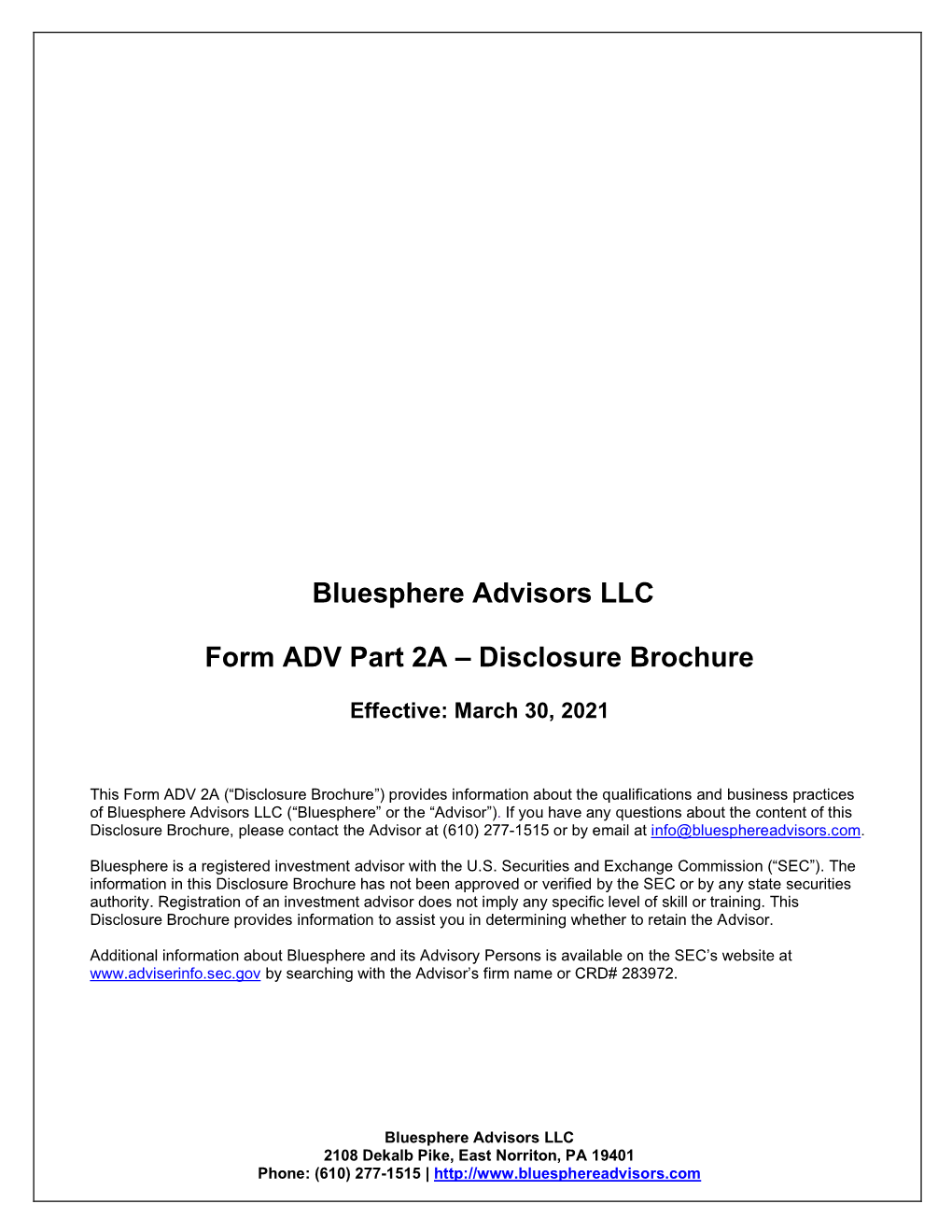 Bluesphere Advisors LLC Form ADV Part 2A – Disclosure Brochure