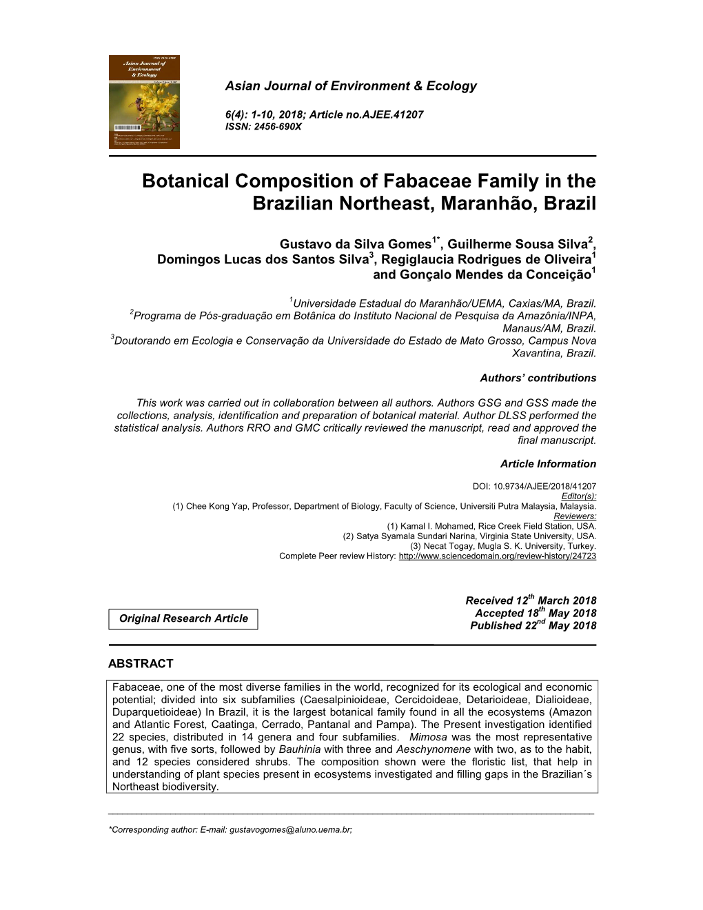 Botanical Composition of Fabaceae Family in the Brazilian Northeast, Maranhão, Brazil