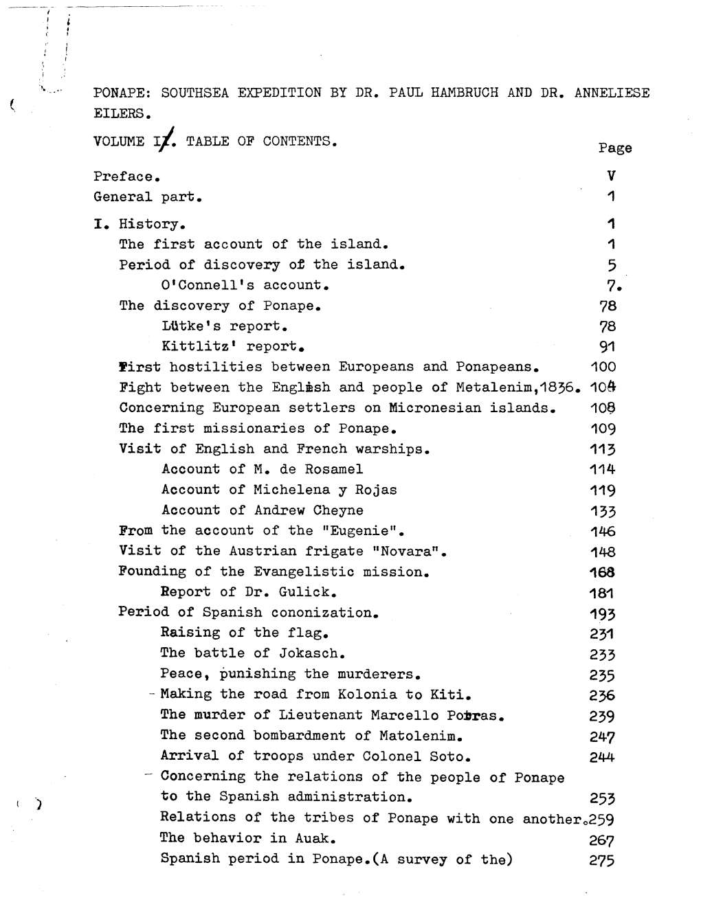 Page PONAPE: SOUTHSEA EXPEDITION by DR. PAUL HAMBRUCH and DR. ANNELIESE EILERS. VOLUME I}F. TABLE of CONTENTS. 100