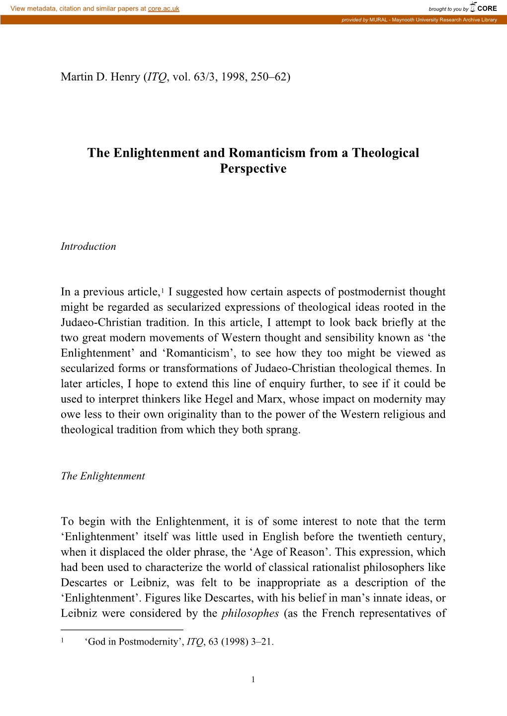 The Enlightenment and Romanticism from a Theological Perspective