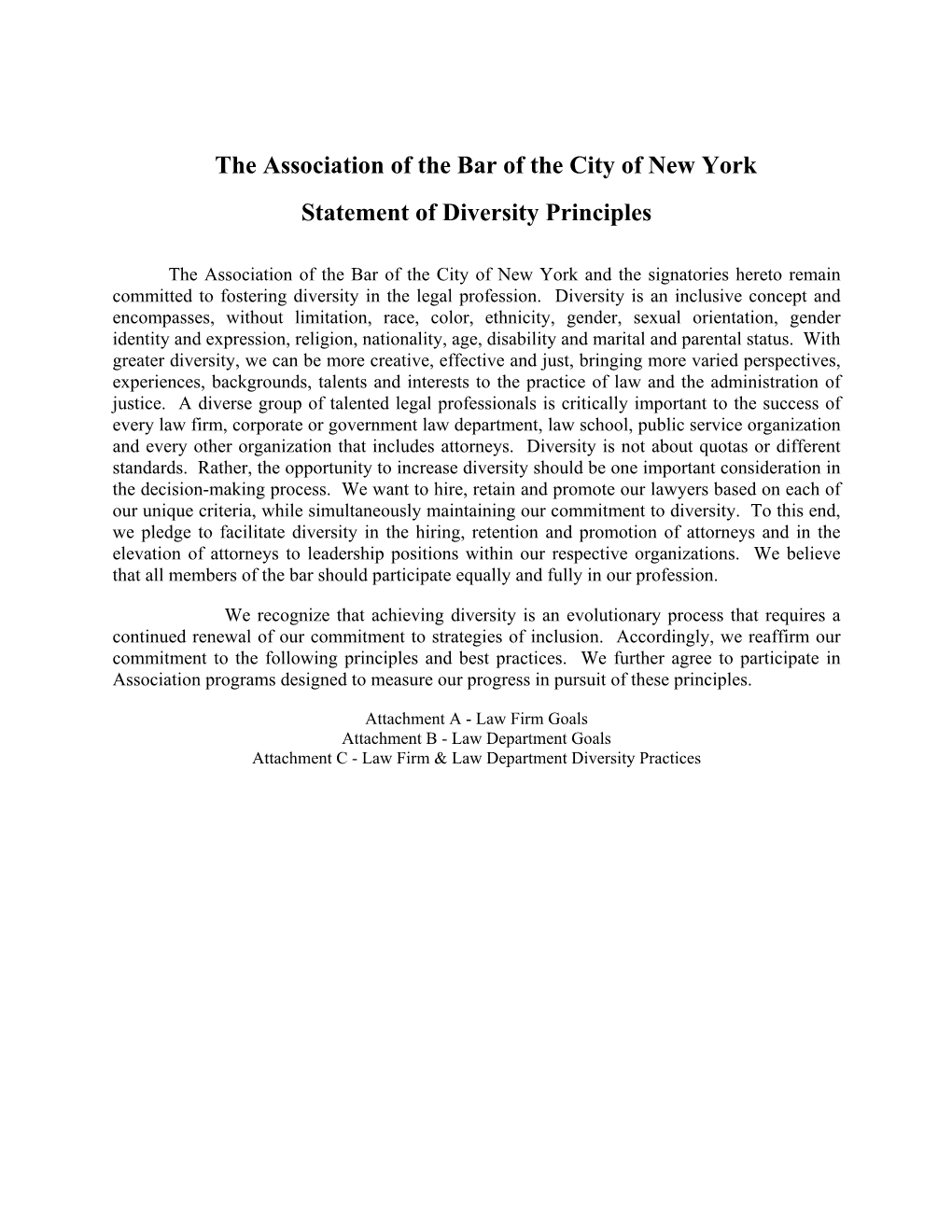 The Association of the Bar of the City of New York Statement of Diversity Principles