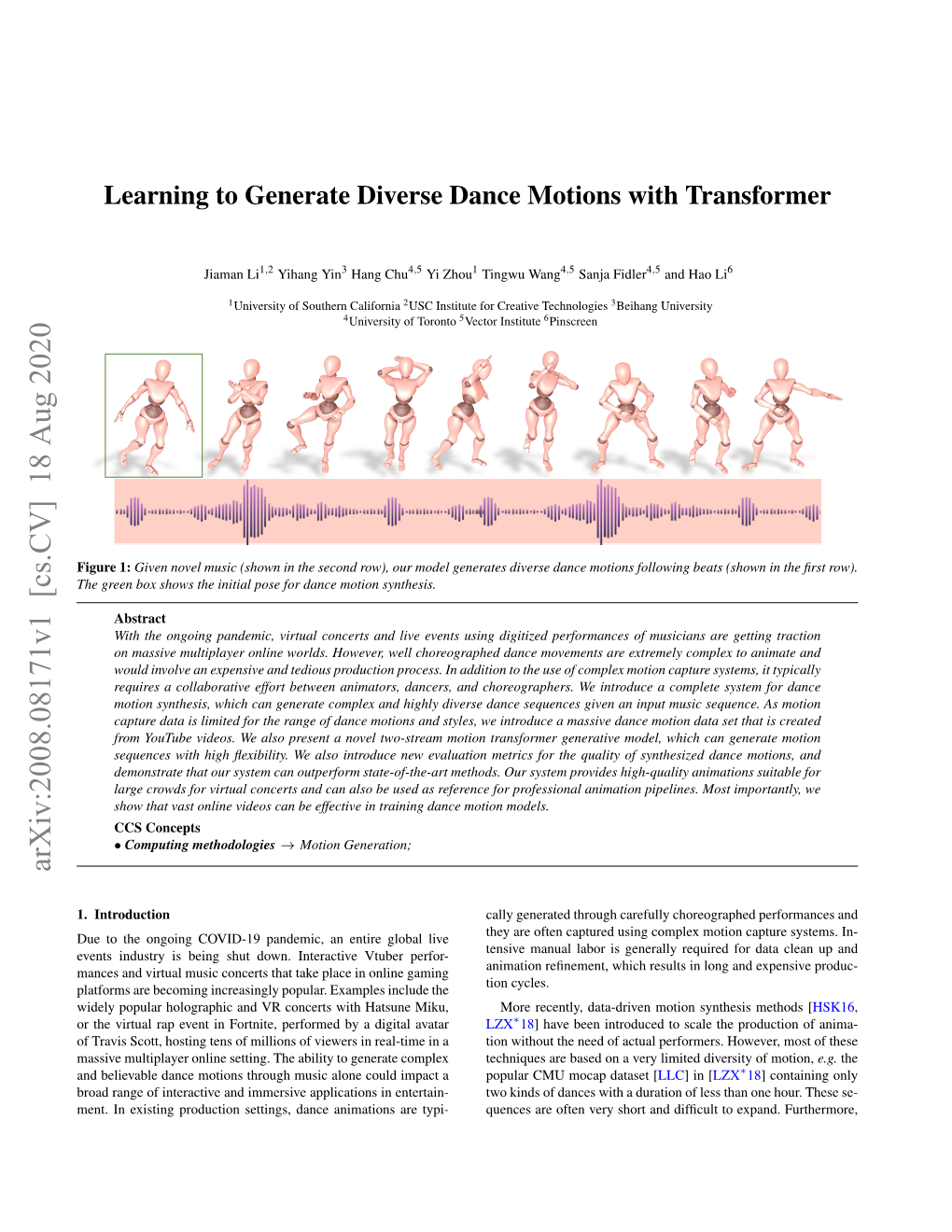 Learning to Generate Diverse Dance Motions with Transformer