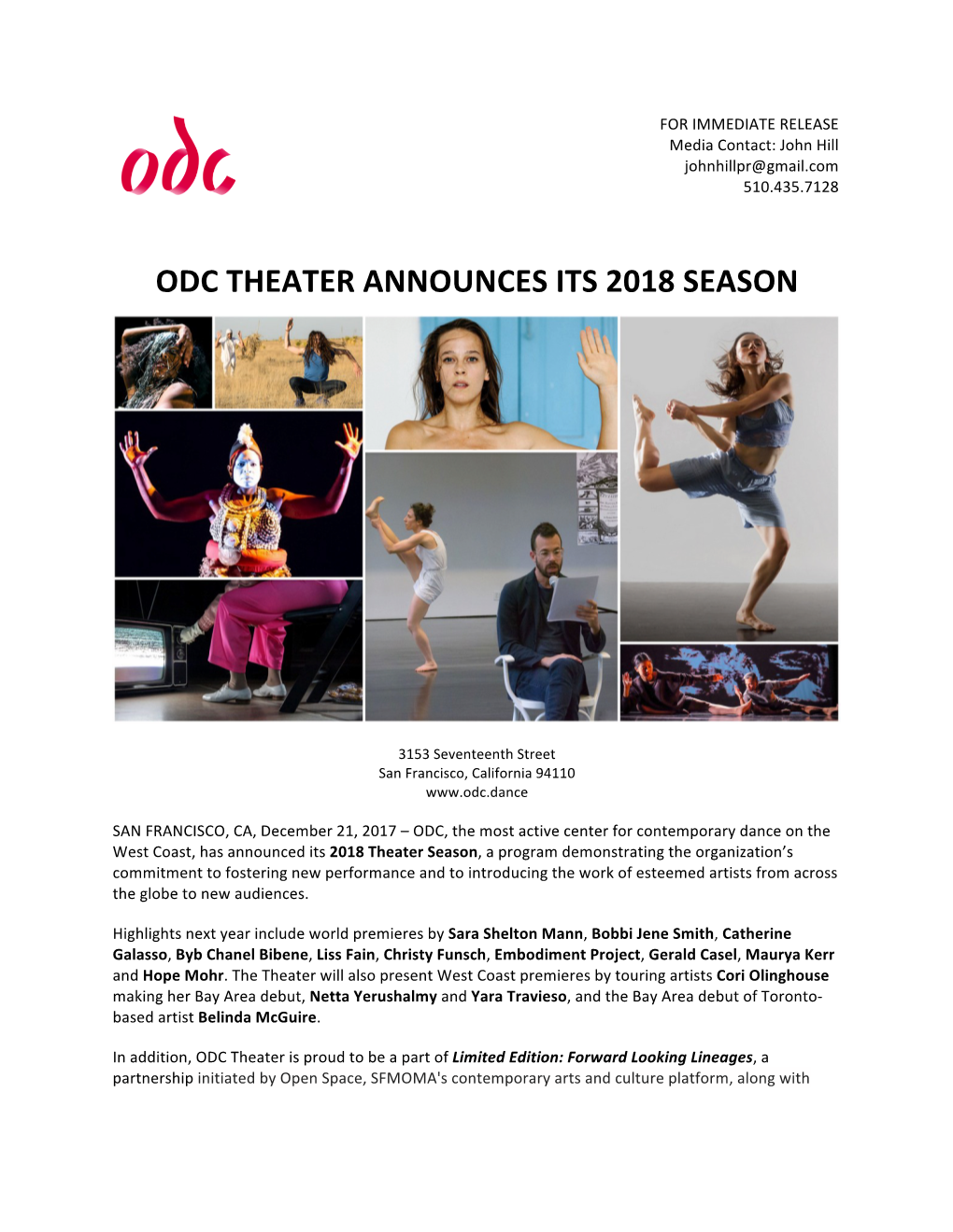 Odc Theater Announces Its 2018 Season