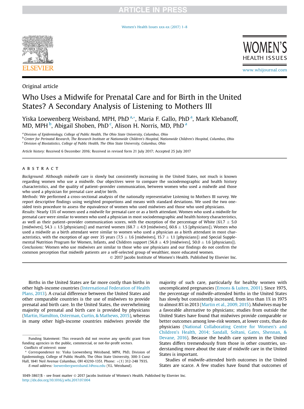 Who Uses a Midwife for Prenatal Care and for Birth in the United States? a Secondary Analysis of Listening to Mothers III
