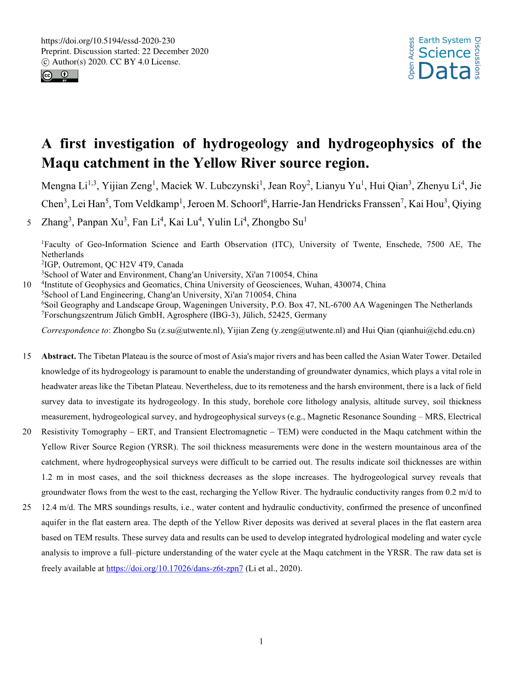 A First Investigation of Hydrogeology and Hydrogeophysics of the Maqu Catchment in the Yellow River Source Region