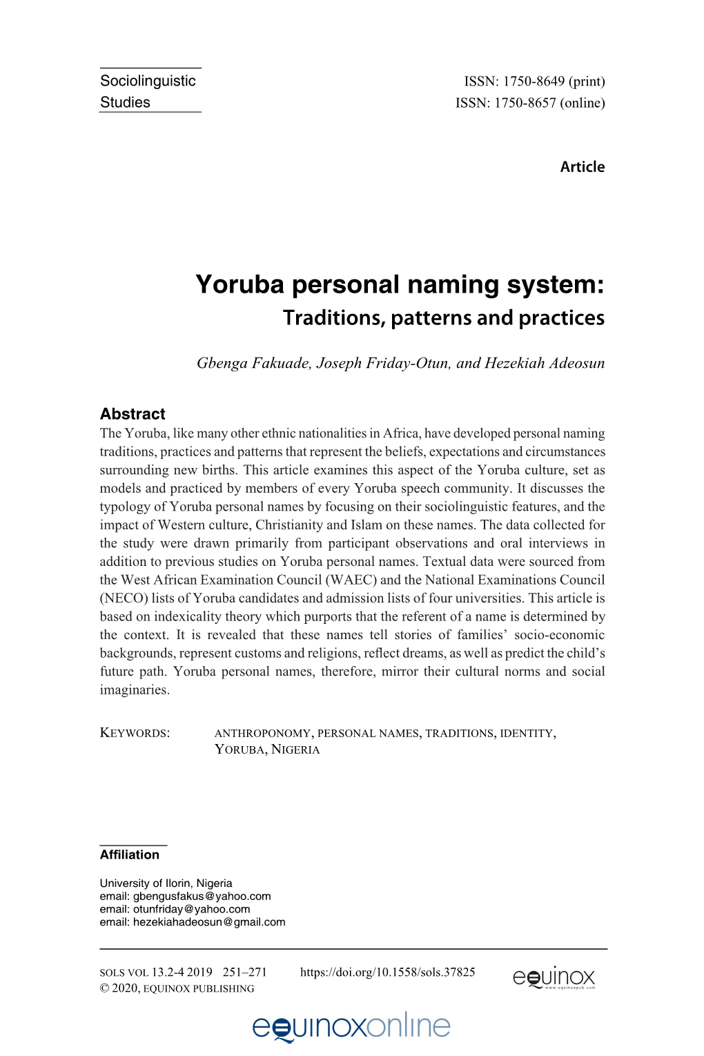 Yoruba Personal Naming System: Traditions, Patterns and Practices