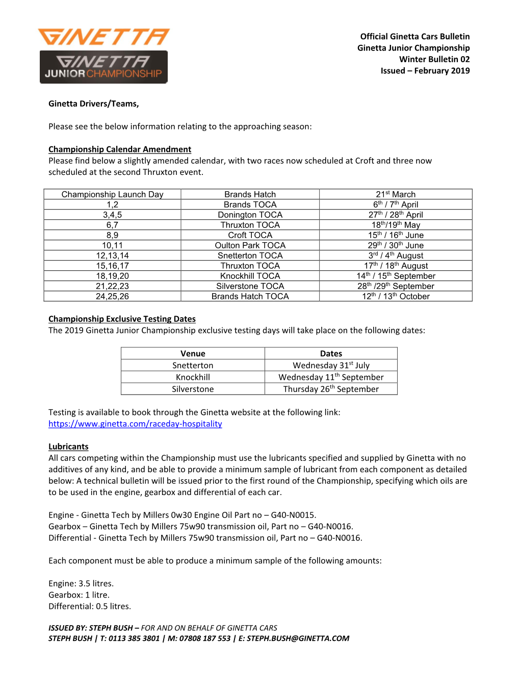 Official Ginetta Cars Bulletin Ginetta Junior Championship Winter Bulletin 02 Issued – February 2019 Ginetta Drivers/Teams, Pl