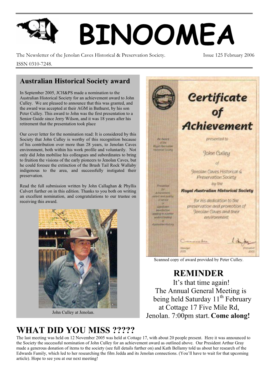 BINOOMEA the Newsletter of the Jenolan Caves Historical & Preservation Society