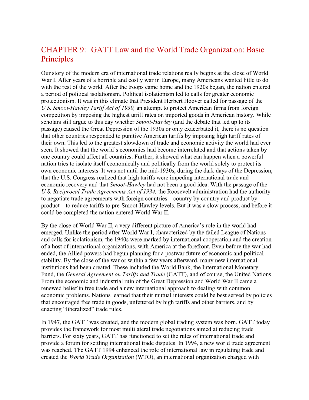 CHAPTER 9: GATT Law and the World Trade Organization: Basic Principles