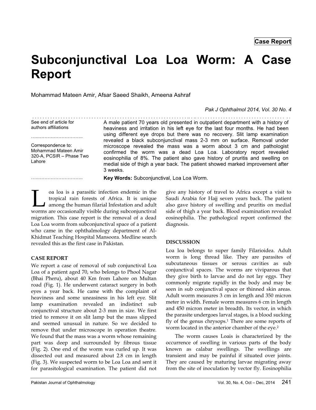 Subconjunctival Loa Loa Worm: a Case Report