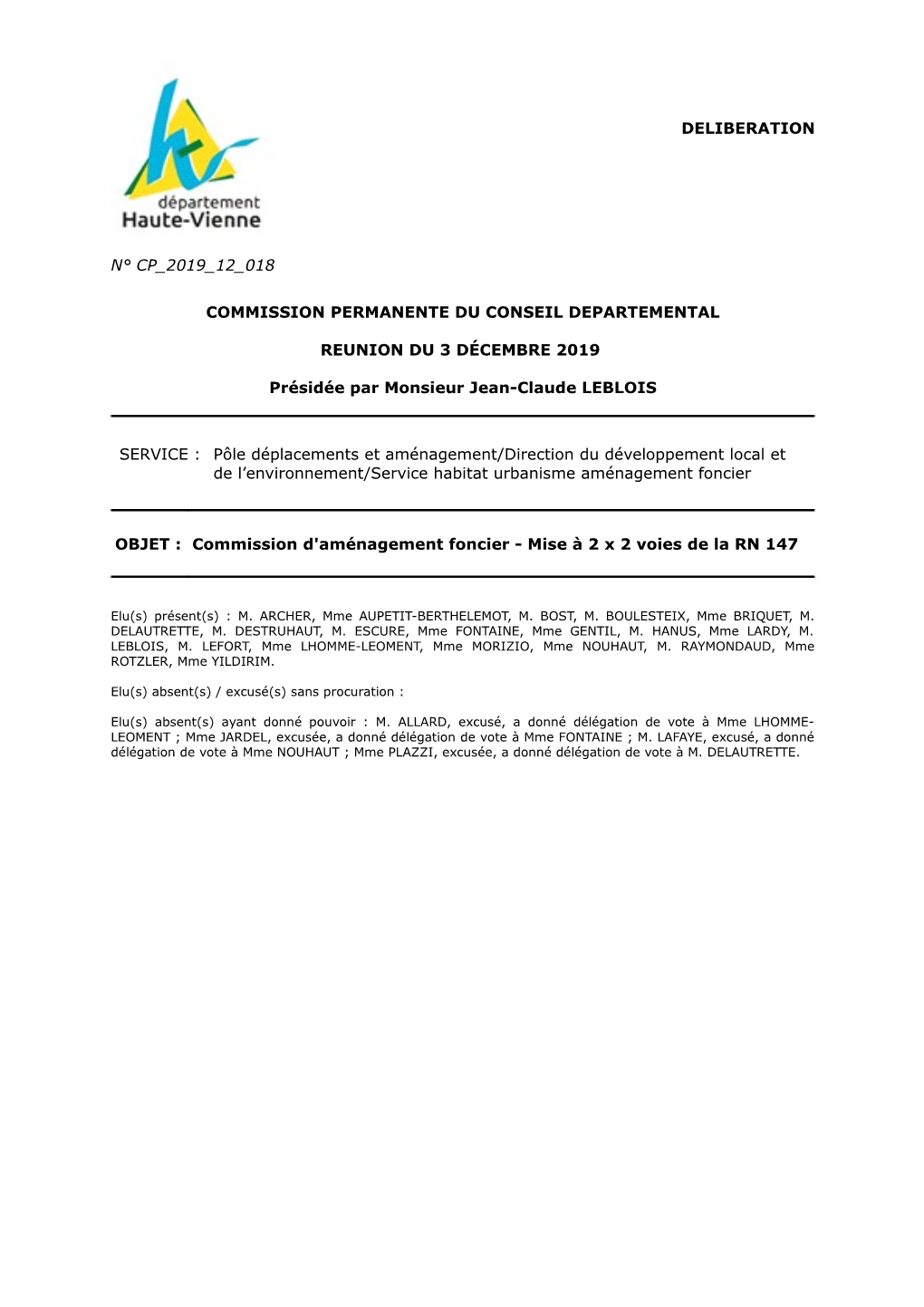 Deliberation N° Cp 2019 12 018 Commission Permanente Du