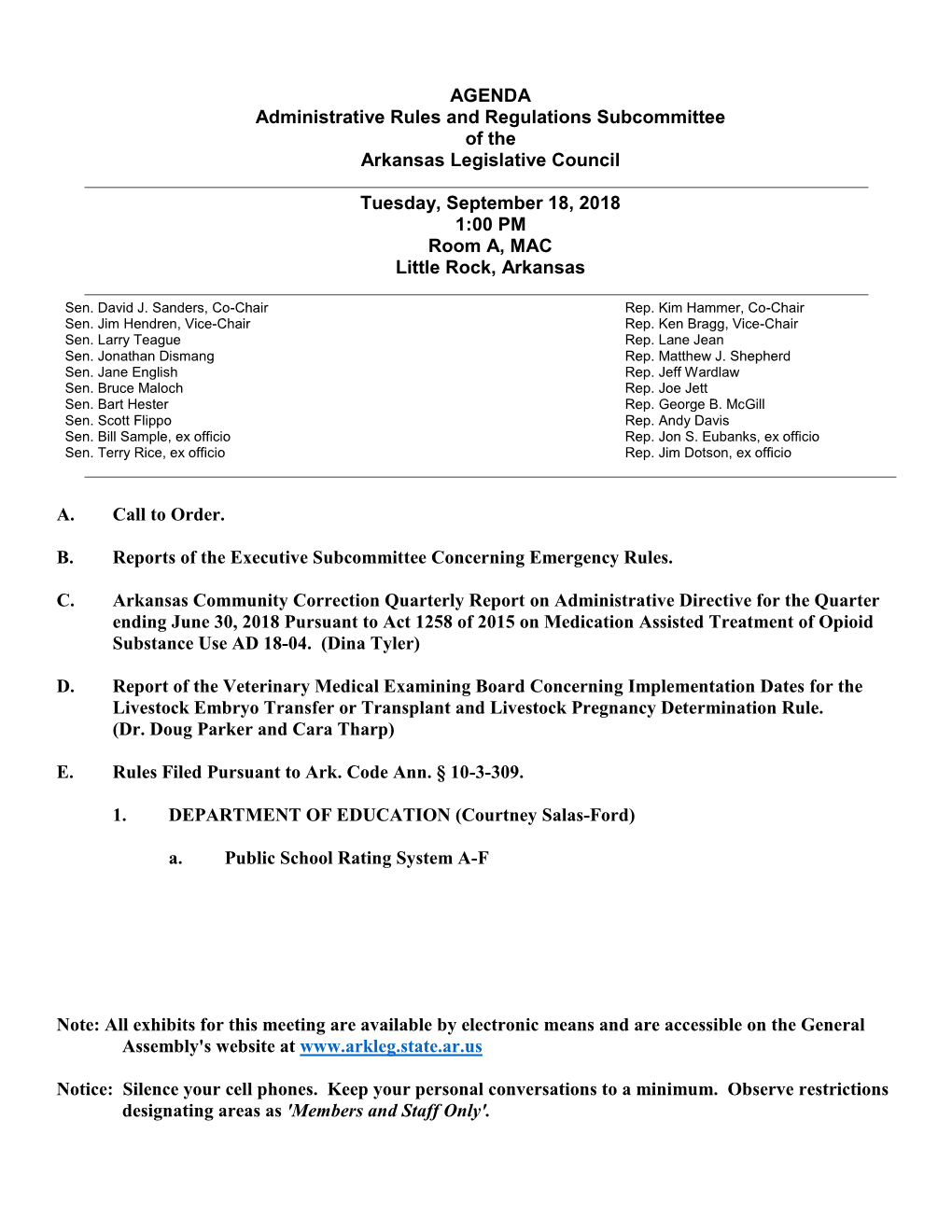 AGENDA Administrative Rules and Regulations Subcommittee of the Arkansas Legislative Council
