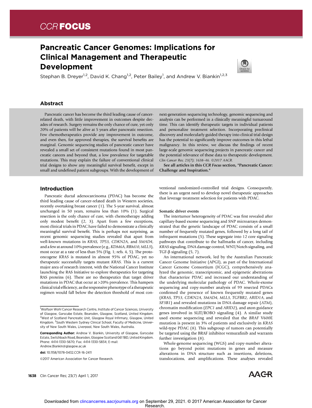 Pancreatic Cancer Genomes: Implications for Clinical Management and Therapeutic Development Stephan B