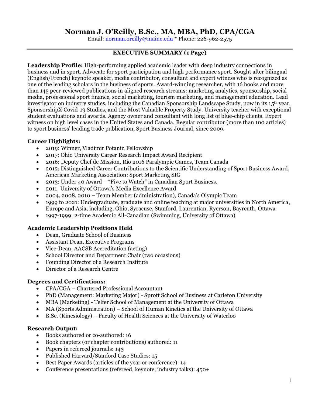 Dr. O'reilly's CV