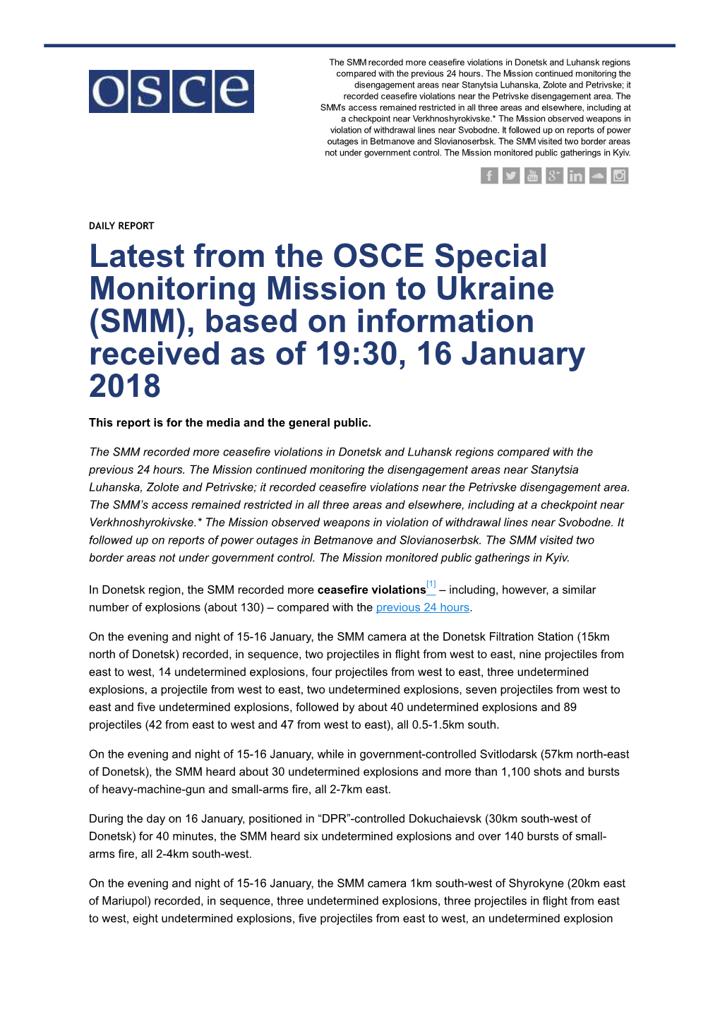 Latest from the OSCE Special Monitoring Mission to Ukraine (SMM), Based on Information Received As of 19:30, 16 January 2018
