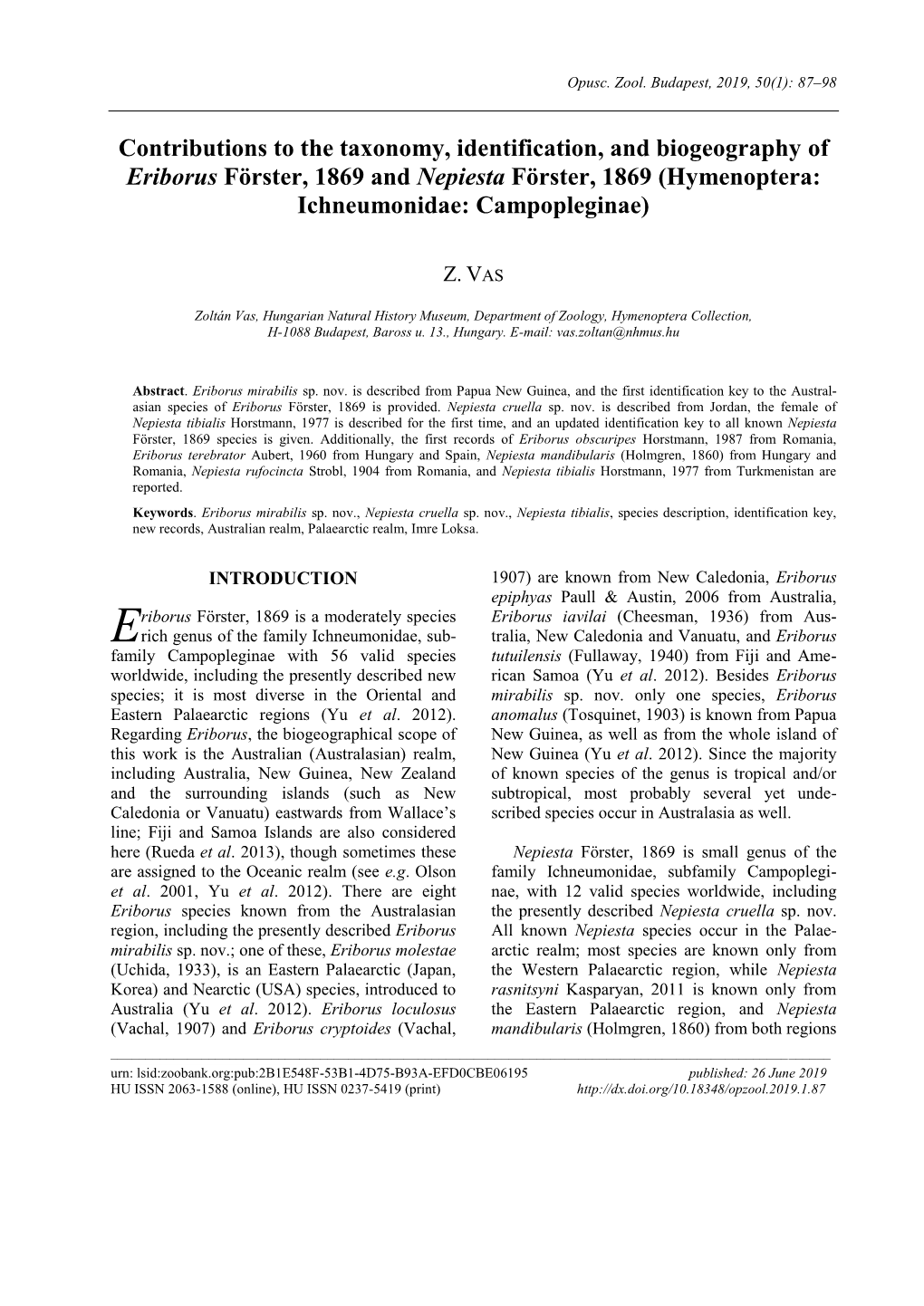 Contributions to the Taxonomy, Identification, and Biogeography of Eriborus Förster, 1869 and Nepiesta Förster, 1869 (Hymenoptera: Ichneumonidae: Campopleginae)