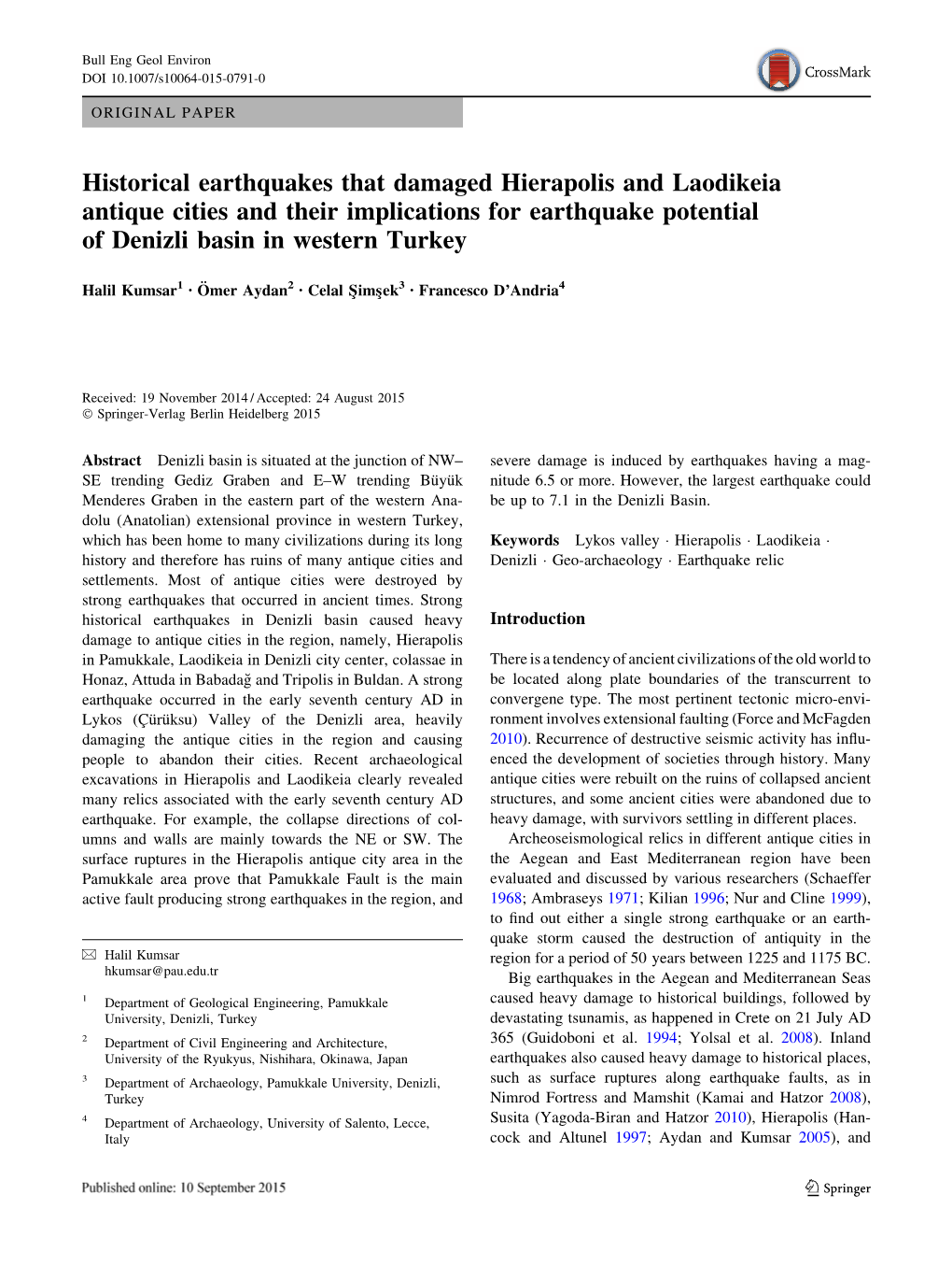 Historical Earthquakes That Damaged Hierapolis and Laodikeia Antique Cities and Their Implications for Earthquake Potential of Denizli Basin in Western Turkey