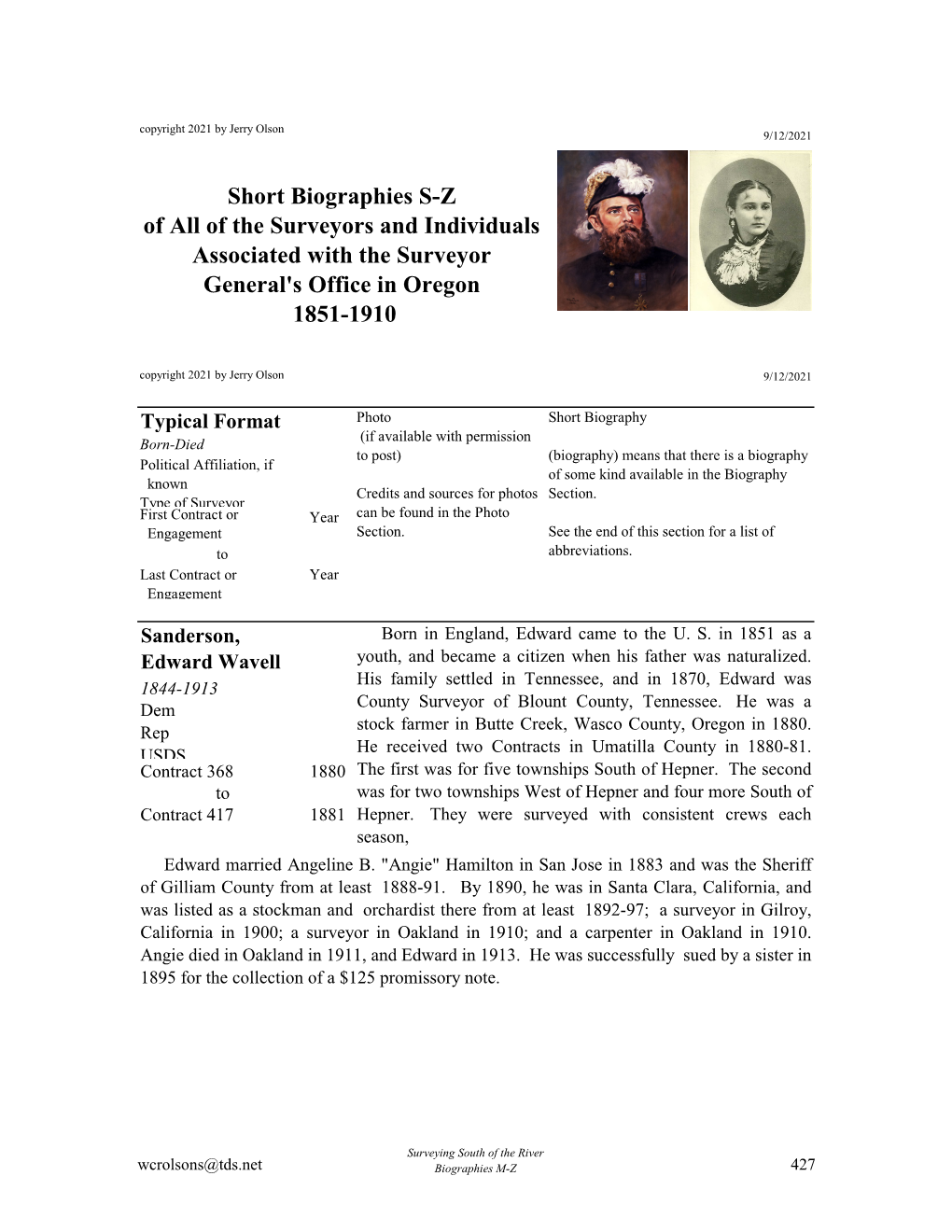 Short Biographies S-Z of All of the Surveyors and Individuals Associated with the Surveyor General's Office in Oregon 1851-1910