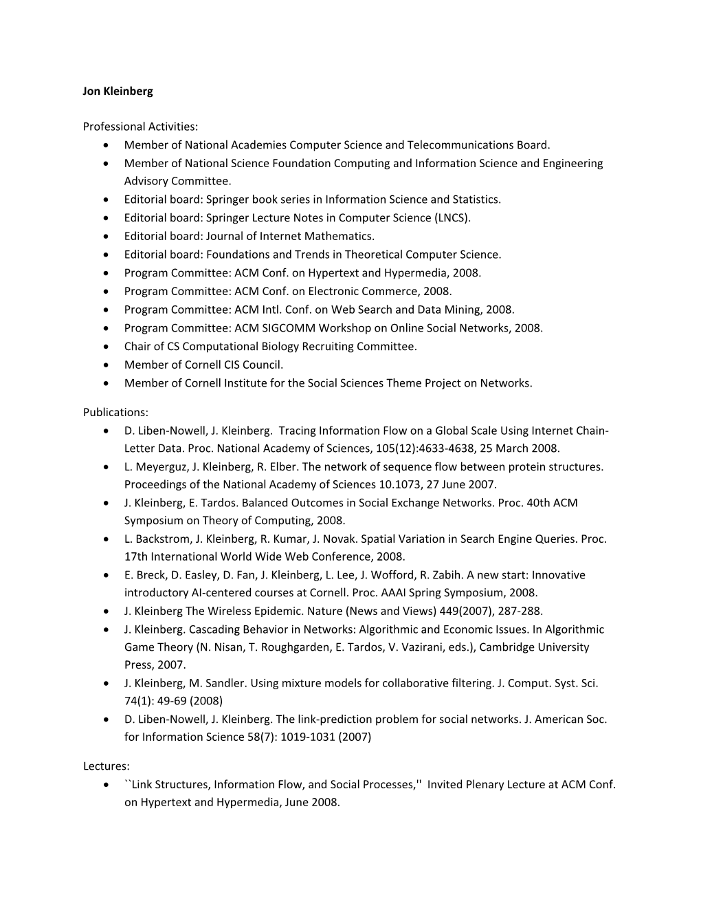 Jon Kleinberg Professional Activities: • Member of National Academies