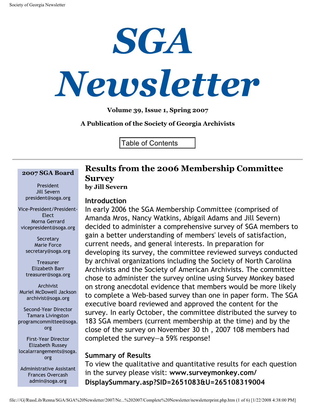SGA Newsletter Volume 39, Issue 1, Spring 2007