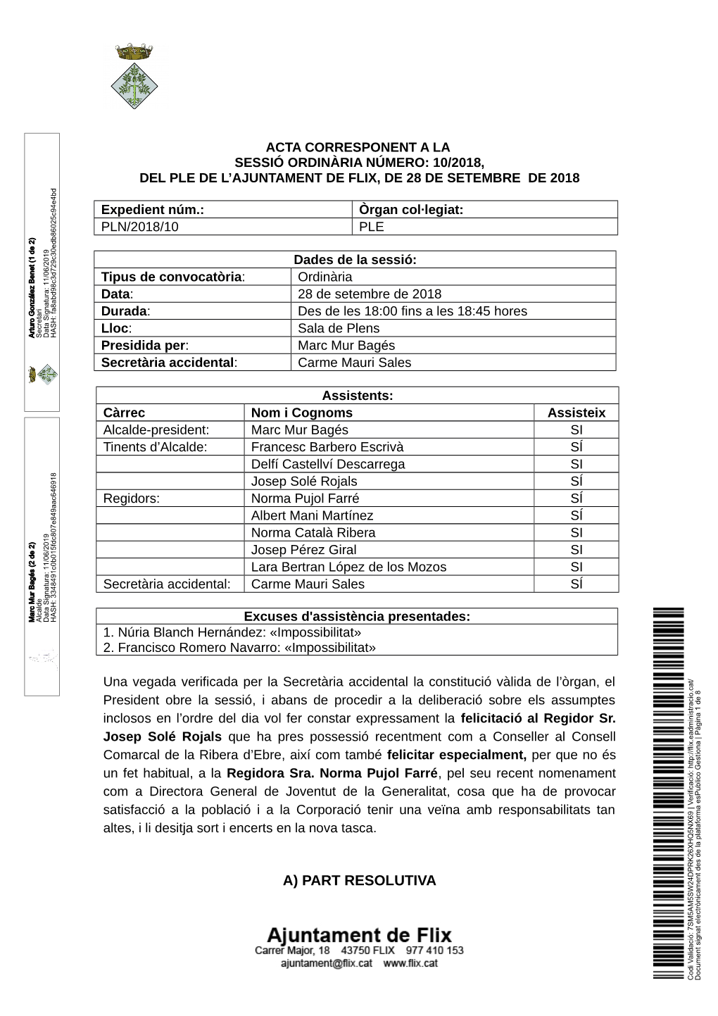 Acta 10-18. Ple De 28 De Setembre