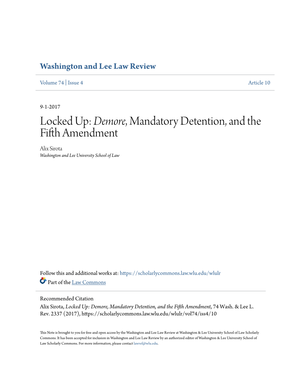 Demore&lt;/Em&gt;, Mandatory Detention, and the Fifth Amendment