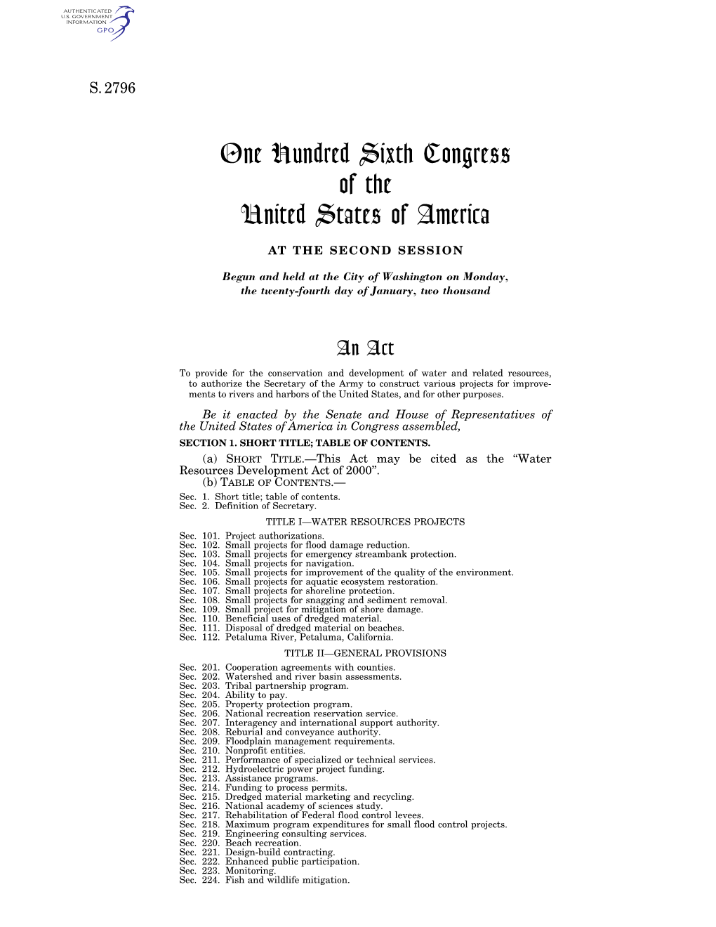 One Hundred Sixth Congress of the United States of America