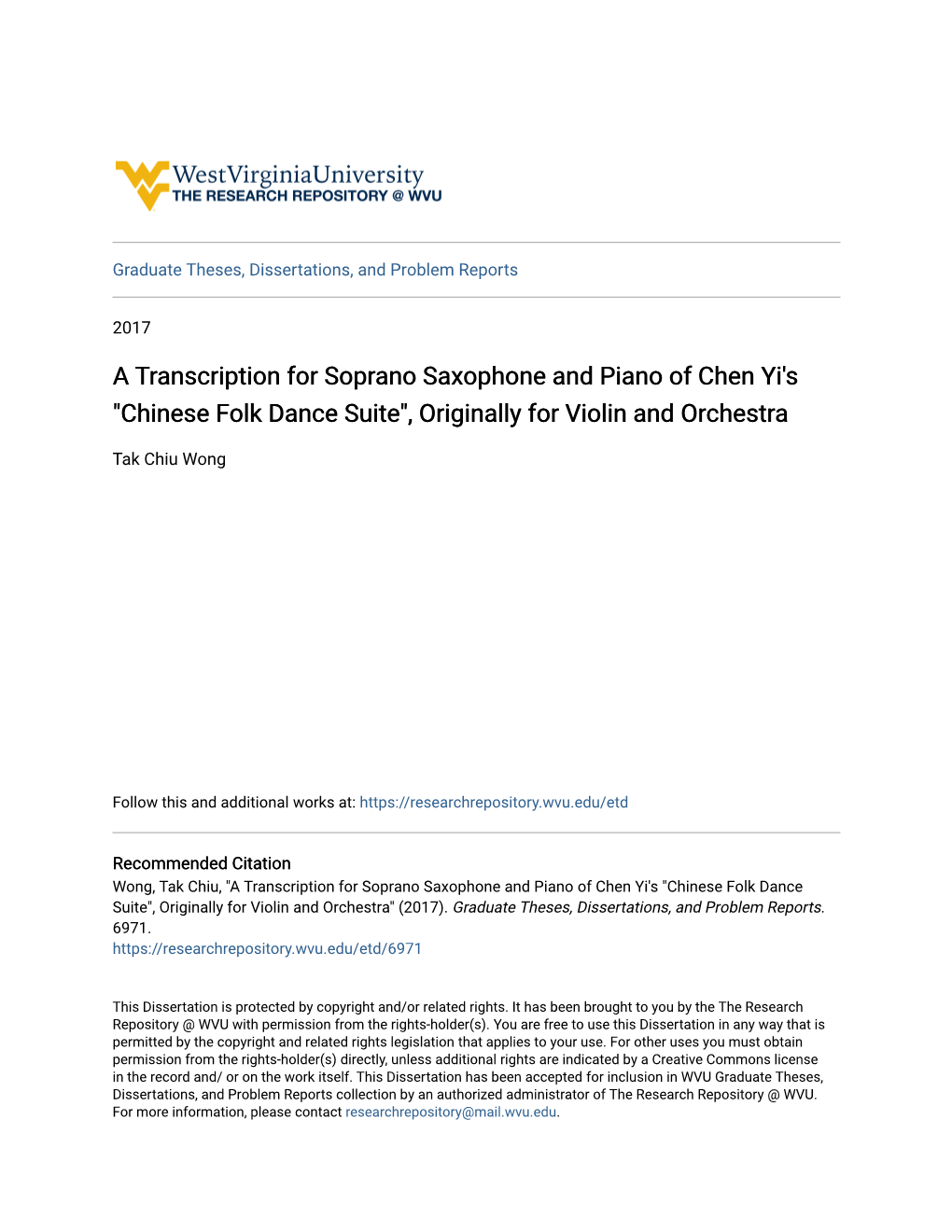 A Transcription for Soprano Saxophone and Piano of Chen Yi's "Chinese Folk Dance Suite", Originally for Violin and Orchestra