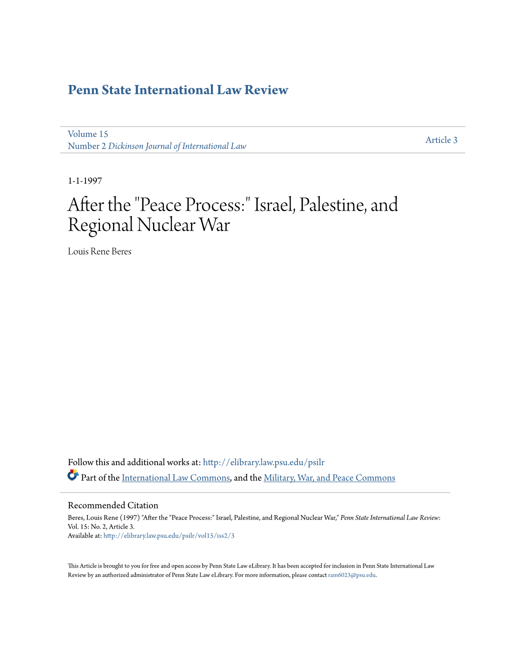 Israel, Palestine, and Regional Nuclear War Louis Rene Beres