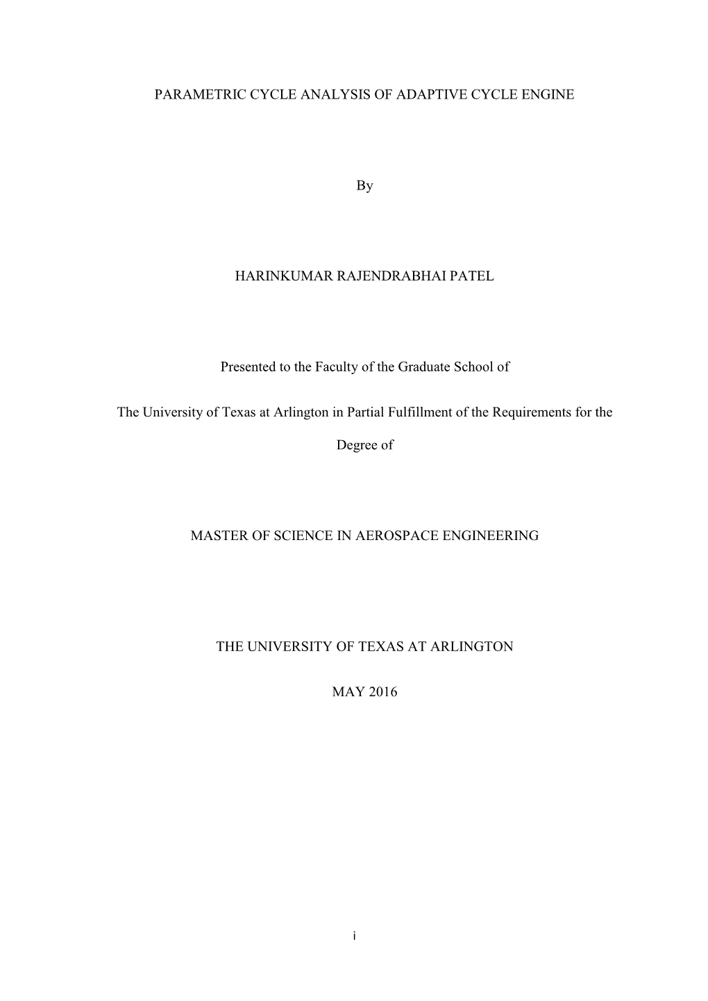 PARAMETRIC CYCLE ANALYSIS of ADAPTIVE CYCLE ENGINE By