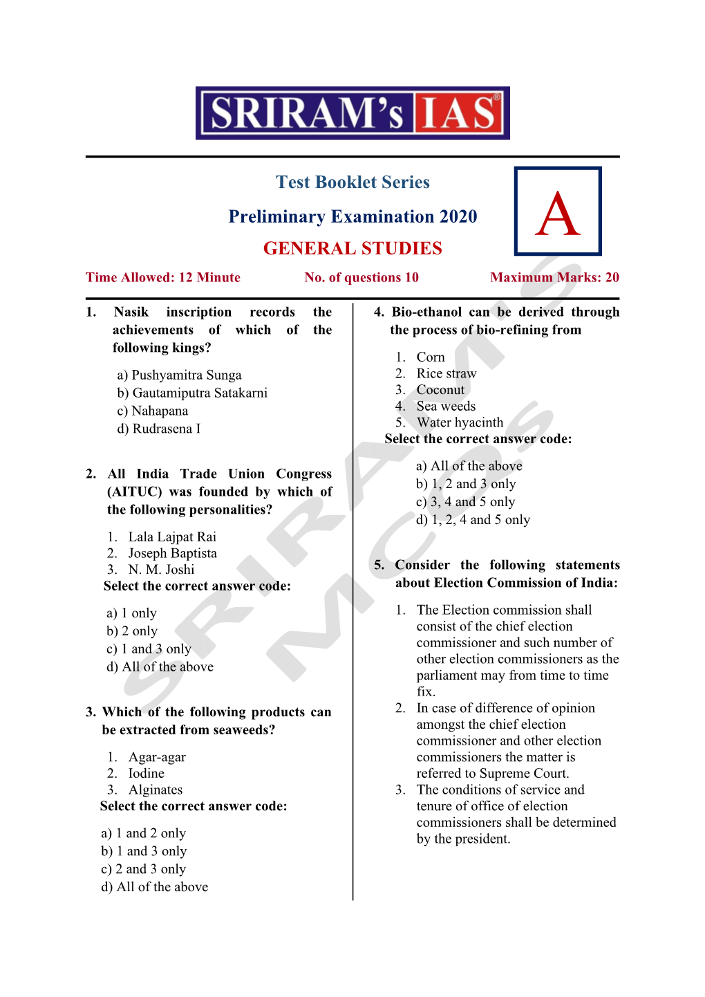 Test Booklet Series Preliminary Examination 2020 GENERAL