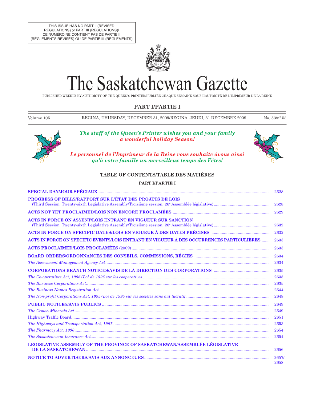 Sask Gazette, Part I, December 31, 2009