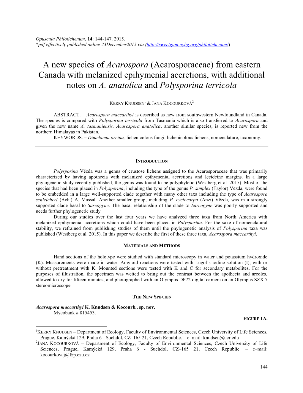 A New Species of Acarospora (Acarosporaceae) from Eastern Canada with Melanized Epihymenial Accretions, with Additional Notes on A