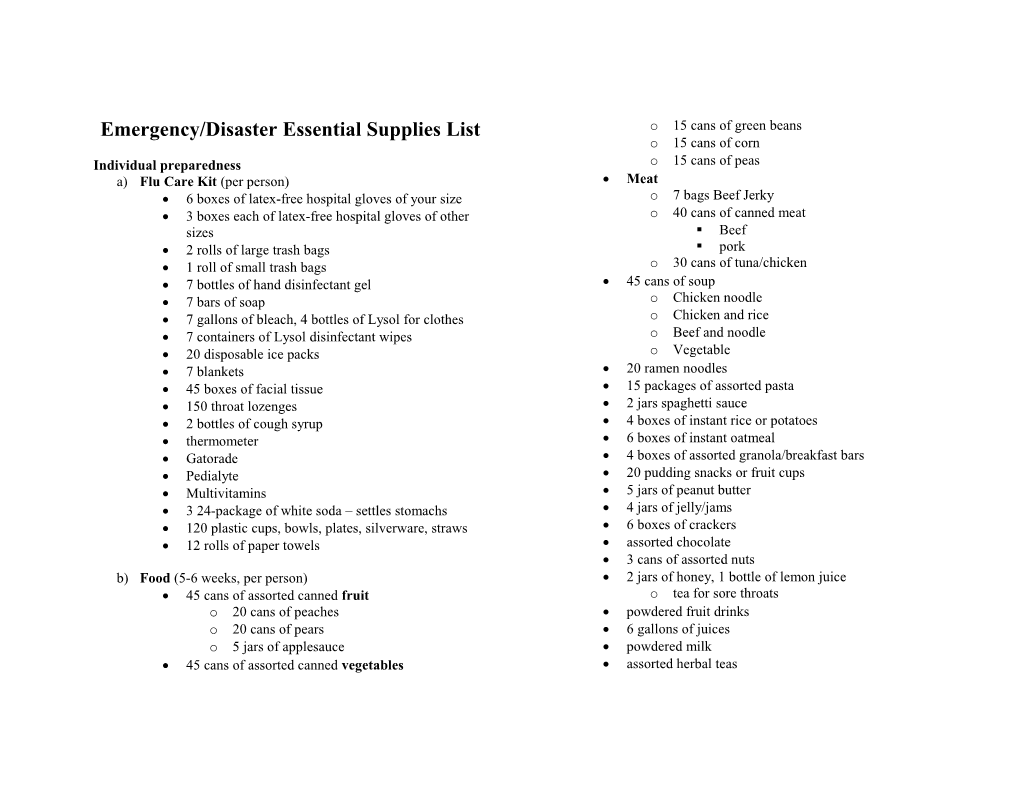 Emergency/Disaster Essential Supplies List