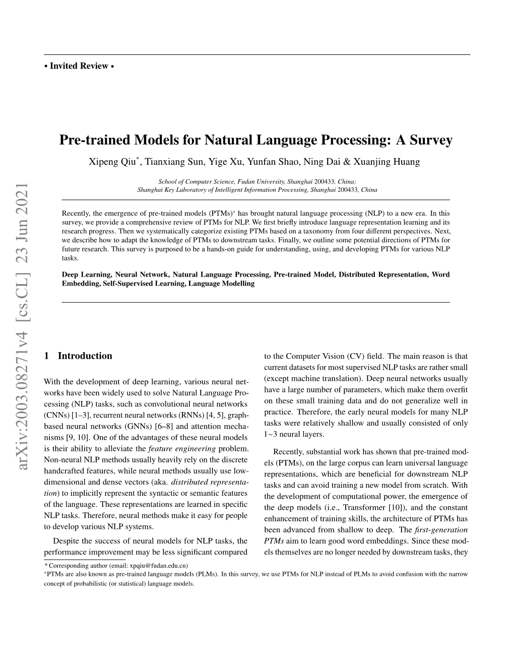 Pre-Trained Models for Natural Language Processing: a Survey